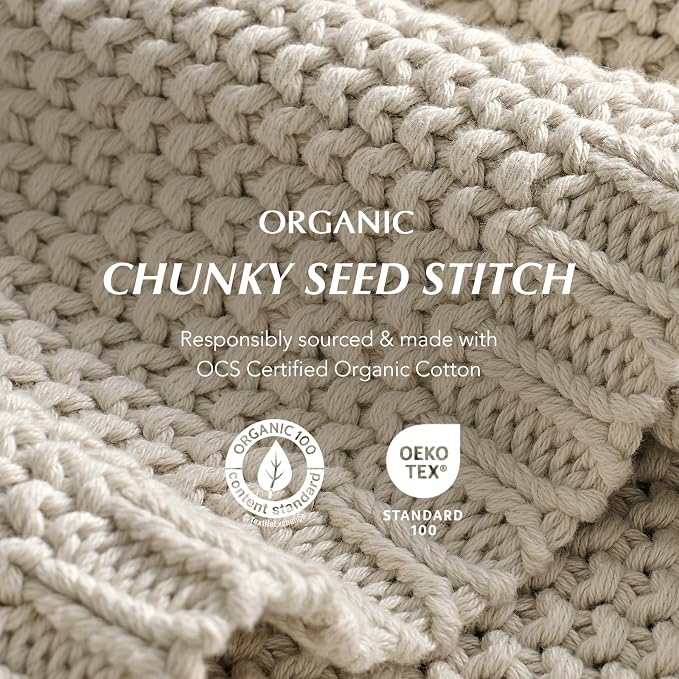 Organic Cotton Chunky Knit Throw Blanket, 60 x 80 Birch | OCS Certified Organic Cotton, Seed Stitch Knit, Soft & Breathable, Cozy Midweight, Decorative Throw for Couch, Bed & Sofa
