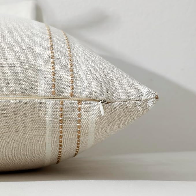 Hckot Tan Brown Throw Pillow Covers 16x16 Set of 2 Striped Pillow Covers | Farmhouse Decorative Pillows Textured Linen Square Cushion Covers for Sofa Couch Bed Living Room Decor(Tan)