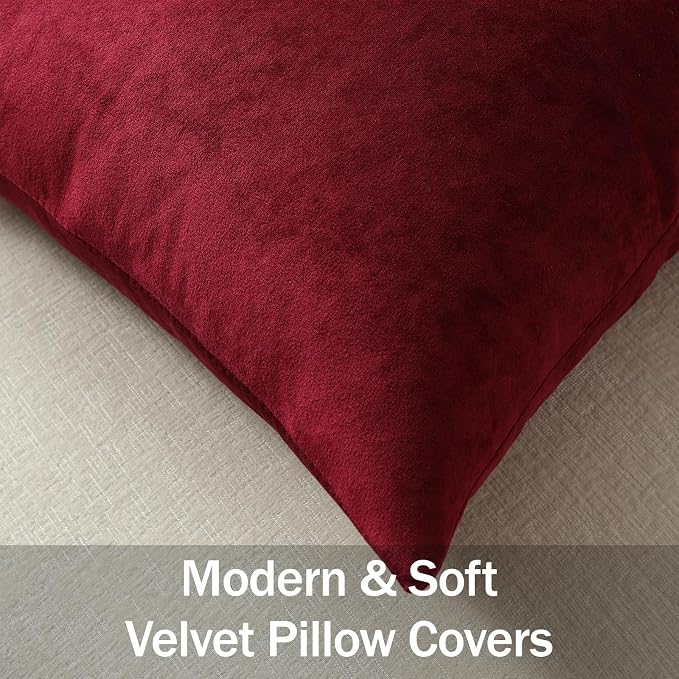 Euro Sham Covers 26x26 Wine Red: Pack of 2 Cozy Soft Velvet Square Modern Luxury Decorative Throw Pillow Cases for Christmas Sofa Couch Living Room Bed Home Decor