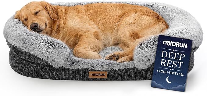 Fluffy Orthopedic Dog Beds Large Sized Dog, 43" Bolster Sofa Bed | Soft plush faux fur,lowered entry,washable cover,waterproof liner,claming dog couch for x-large dogs,supportive bolster