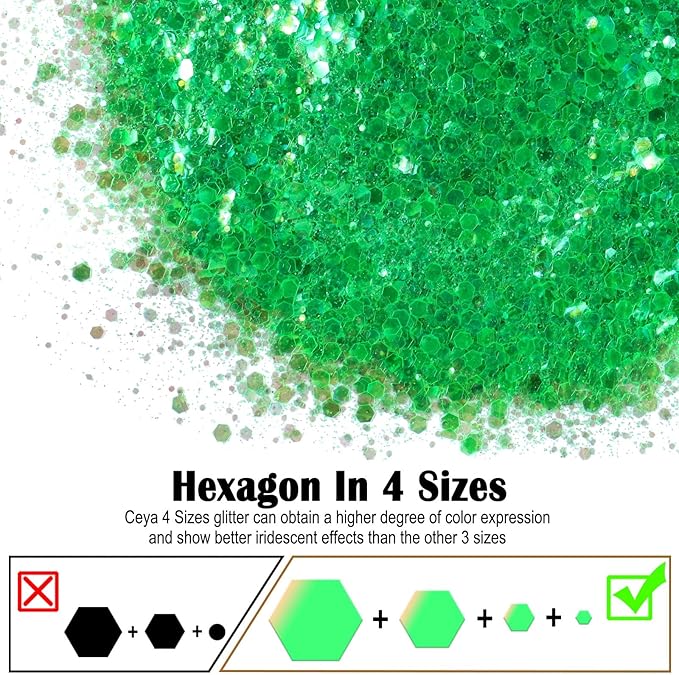 Ceya Chunky Glitter, 4.9oz/ 140g Iridescent Green Craft Glitter Powder Mixed Fine Flakes Iridescent Nail Sequins for Nail Art, Hair, Epoxy Resin, Tumblers, Slime, Painting, Festival Decor