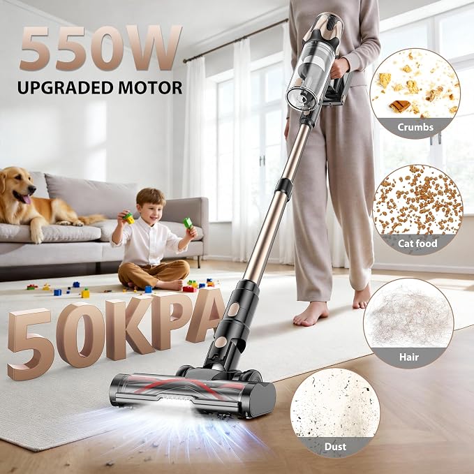 Tikom V850 Cordless Vacuum Cleaner for Home, 50000Pa/550W 70Mins Stick Vacuum with LED Touch Screen, 1.8L Dust Cup, Charging Wall Dock, Anti-Tangle, Lightweight Vacuum for Pet Hair, Hard Floor, Carpet