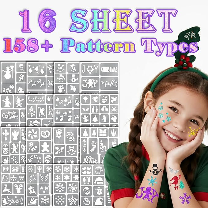 Christmas Temporary Tattoo Markers for Skin, 8 Metal Body Markers + 229 Temporary Tattoo Stencils for Kids Adult, Flexible Brush Tip, Bright Colors, Cosmetic-Grade Tattoo Ink for Girl Boy Party Favor