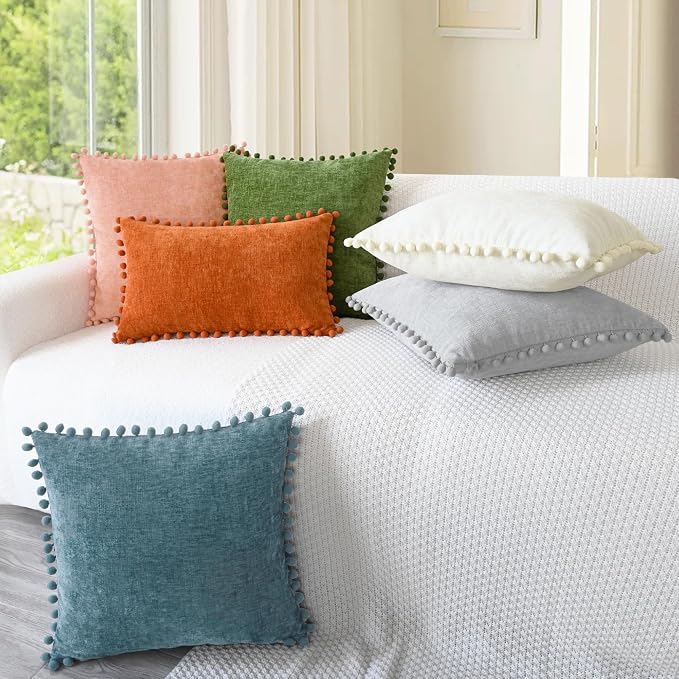 CaliTime Decorative Couch Throw Pillow Covers 16 X 16 Inches Smoke Blue | Pack of 2, Cozy Chenille Cushion Cases, with Pom Poms for Sofa Bed Living Room Farmhouse Home