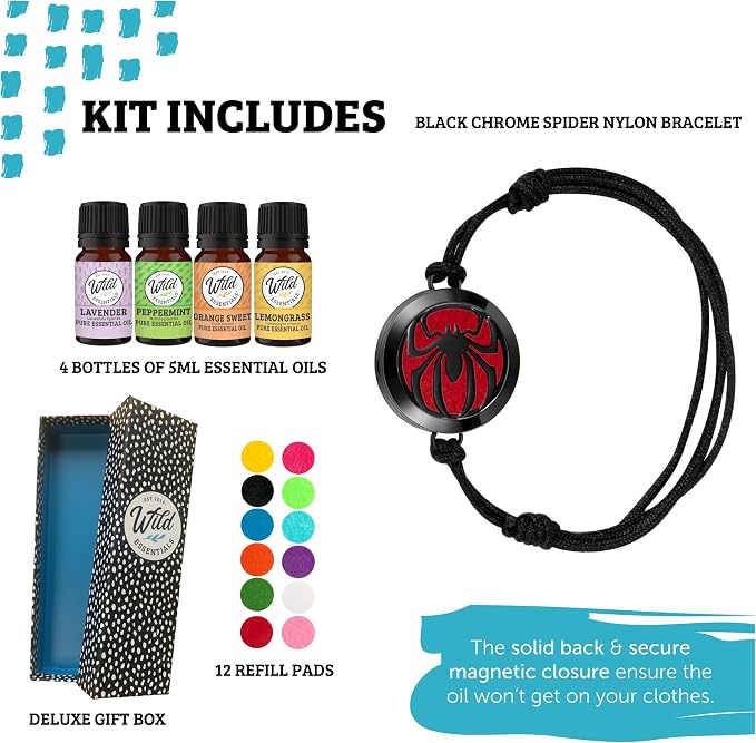 Wild Essentials Spider Essential Oil Bracelet Diffuser Gift Set, Pendant, Nylon Band, 12 Pads, Lavender, Lemongrass, Orange, Peppermint Oils, Customize Color Changing Perfume Jewelry, Aromatherapy