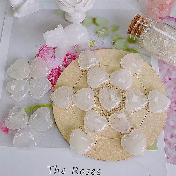 20 PCS Clear Crystal Heart Healing Crystals Cute Polished Crystal Mini Pocket Stones Natural Palm Love Gemstones Set Bulk Wholesale Reiki Energy Balancing Meditation Valentine's Day Gift