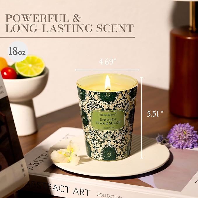HomeLights Soy Wax Candles for Home Scented, 1-Wick Candles in English Pear & Suede Scented, Aromatherapy Candles Gift for Parties, Relaxing, Bohemian Natural Textures, 6.7oz