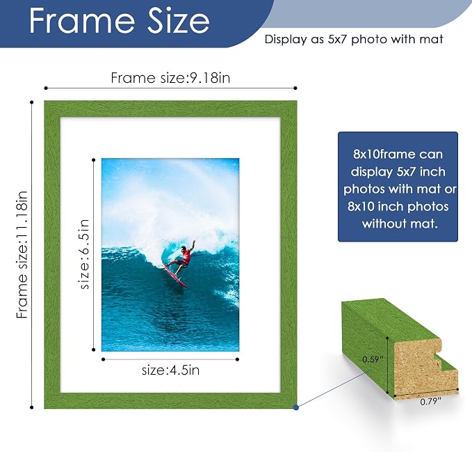 8x10 Picture Frame Set of 6, Wall or Tabletop Display, Green | Display Pictures 5x7 with Mat or 8x10 Without Mat, Horizontal or Vertical, Gallery Wall Frame Set, Wedding Birthday Gifts