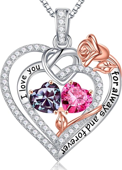 Iefil Valentines Day Gifts for Her Wife - 925 Sterling Silver Double Birthstone Necklace, Anniversary Birthday Gifts for Women, Jewelry Gift for Wife Girlfriend Mom Her