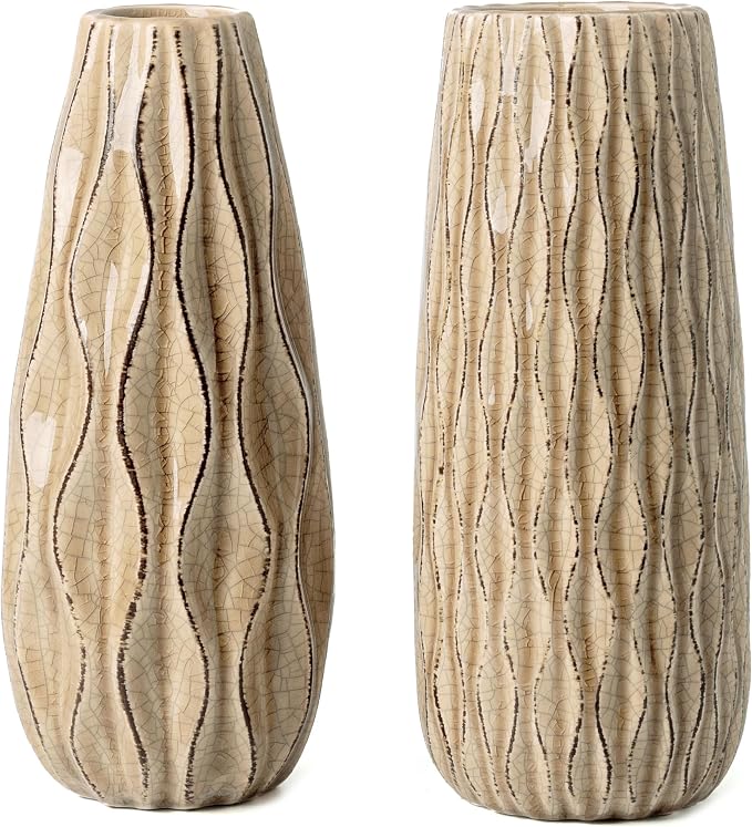 VICTOR & TERESA Ceramic Vase for Flowers, 10'' Set of 2 Decorative Rustic Beige Vases for Home Decor, Farmhouse Vases for Pampas Grass, Table, Mantel, Living Room, Shelf, Centerpieces, Gifts for Mom
