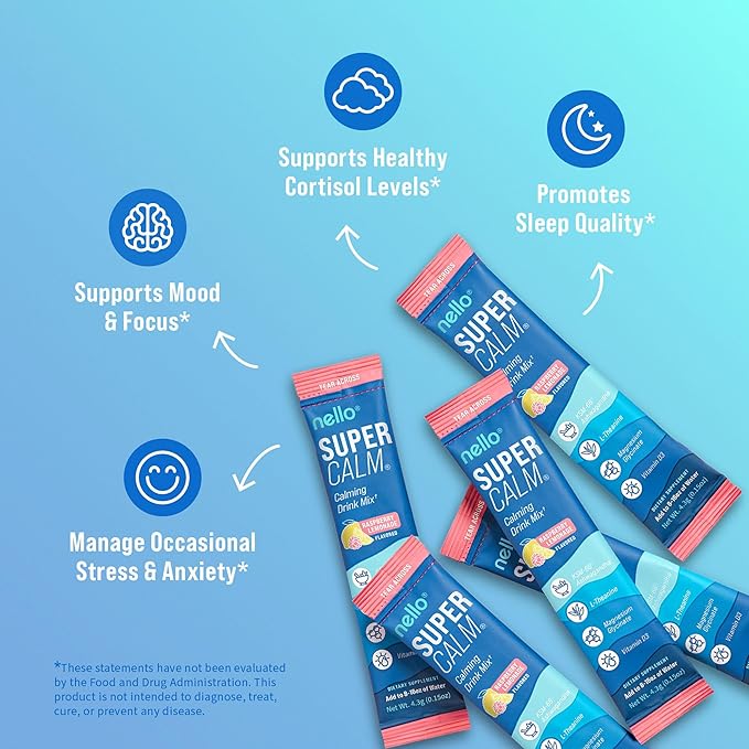 Nello Supercalm Powdered Drink Mix, Raspberry Lemonade, L Theanine, Ksm-66 Ashwagandha, Magnesium Glycinate, Vitamin D 3, Supplements for Relaxation & Focus, No Sugar, Non GMO, On The Go, 20 Ct