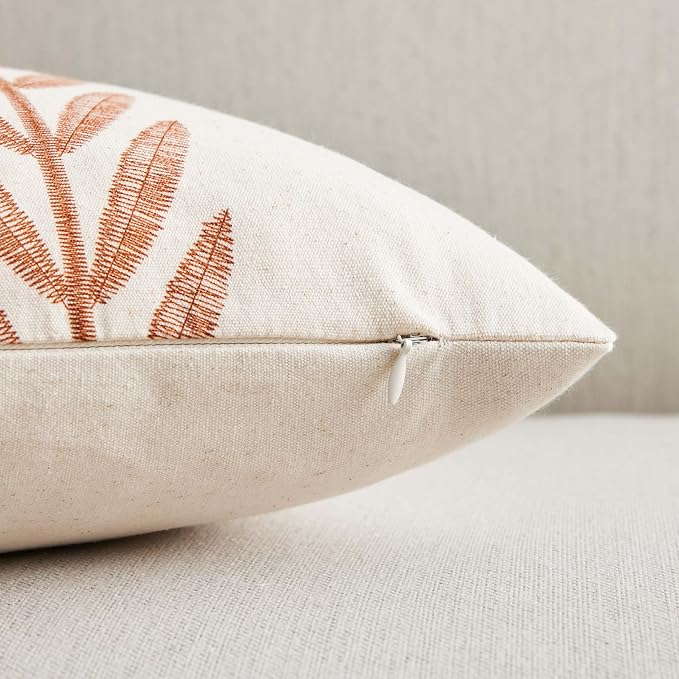 Farmhouse Leaves Lumbar Pillow Covers Set of 2, 12x20in Terracota | 100% Organic Cotton, Rustic Accent Print Pillow Case, Pastoral Decorative Cushion Covers for Sofa Bed Living Room Home Decor