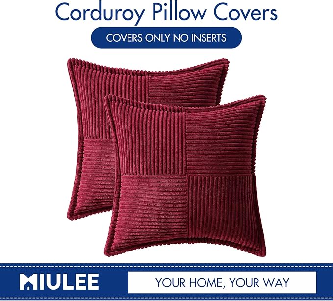 MIULEE Decorative Throw Pillow Covers for Couch 20x20 Inch Burgundy 2 Pack | Boho Broadside Striped Patchwork Pillow Covers, Soft Corduroy Cushion Cases, For Sofa Bed Livingroom Home Decor