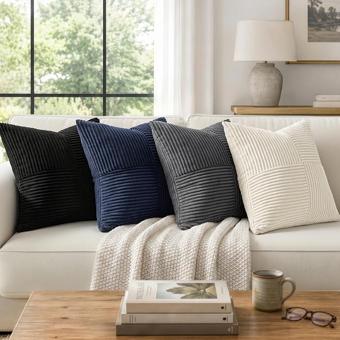 MIULEE Black Decorative Throw Pillow Covers for Couch 20x20 Inch | 2 Pack, Boho Farmhouse Pillow Covers, Soft Cross Corduroy Patchwork Textured Cushion Cases For Bed Sofa