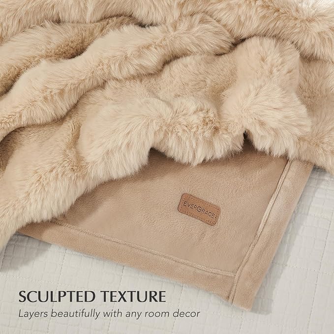 Faux Rabbit Fur Bubble Throw Blanket, 90"x90", Cream | Ultra Soft, Luxury Faux Rabbit Fur Throw, Thick Warm Bubble Blanket, Cozy Fluffy Reversible, for Bed, Couch, Chair, Sofa