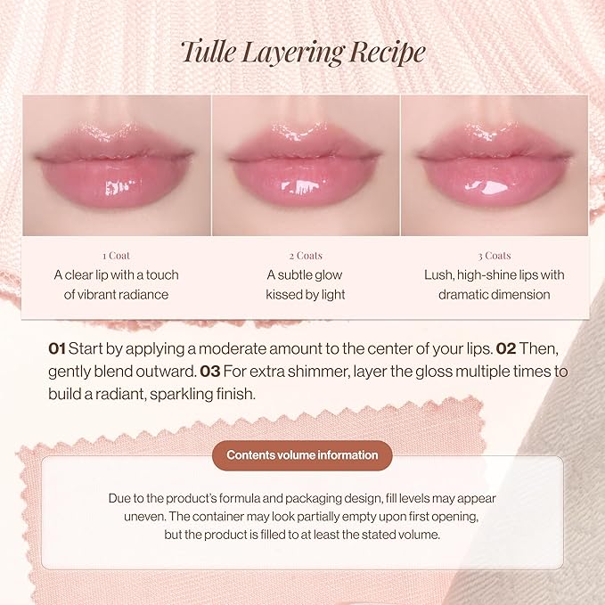 ENTROPY MAKEUP Tulle Lip Gloss, Lightweight 3D Pearl Shimmer, Ultra-Gloss High Shine, Non-Sticky Moisturizing Lip Gloss with Peptide Complex, Tutu