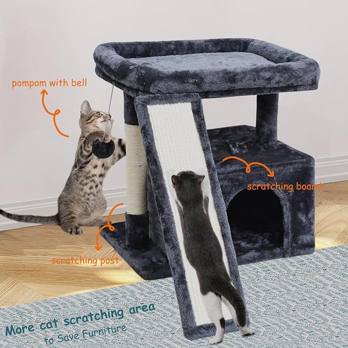 Small Cat Tree Tower for Indoor Use – Stable Condo with Scratching Post, Perch, Board, and Hideout for Kittens(Smoky Grey)