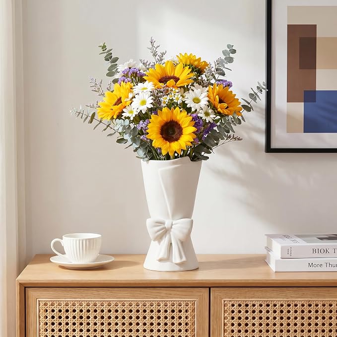 Relexome White Ceramic Bow Vase Unique Cute Decorative Bouquet Flower Vases 9.64 in Summer Home Decor Vase