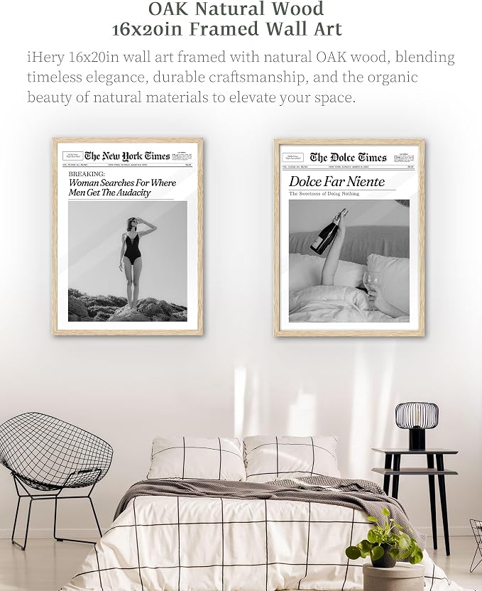 iHery 16x20in Dolce Far Niente Framed Newspaper Wall Art | Natural OAK Wood Frame with Canvas Print, The Sweetness of Doing Nothing Decor for Bedroom, Living Room and Dorm, 1Pack