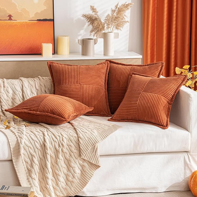 MIULEE Fall Burnt Orange Decorative Euro Sham Throw Pillow Covers 22x22 in | 2 Pack, Terracotta Boho Broadside Striped Patchwork Pillow Covers, Soft Corduroy Cushion Cases, For Bed Couch Sofa Livingroom