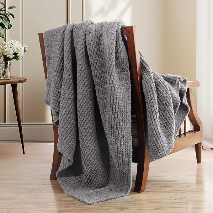 Waffle Knit Throw Blanket for Couch, Soft Cozy Chunky Knit Thick Knitted Blanket for Sofa, Bed, Gift for Women Girls Home Decor (Grey, Twin 60"x80")