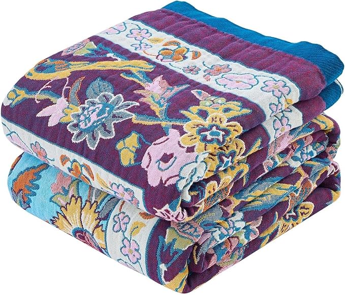 XIBLC Fall Blanket for Bed, 100% Cotton Soft Rustic Boho Throw Blanket Quilt, 80"x90" Farmhouse Decor Bed Flower Blankets, Light Weight Reversible Bohemian Throw Quilt