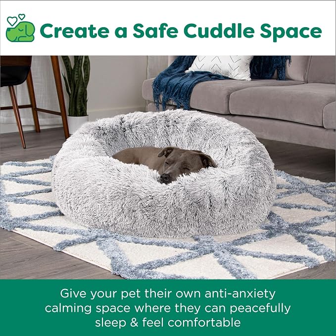 FurHaven 23" Calming Donut Dog Bed for Small Dogs & Cats, Round Plush Donut Design with Soft Filling for Snuggling Comfort, Removable Washable Cover, Small, Shaggy Faux Fur, Mist Gray