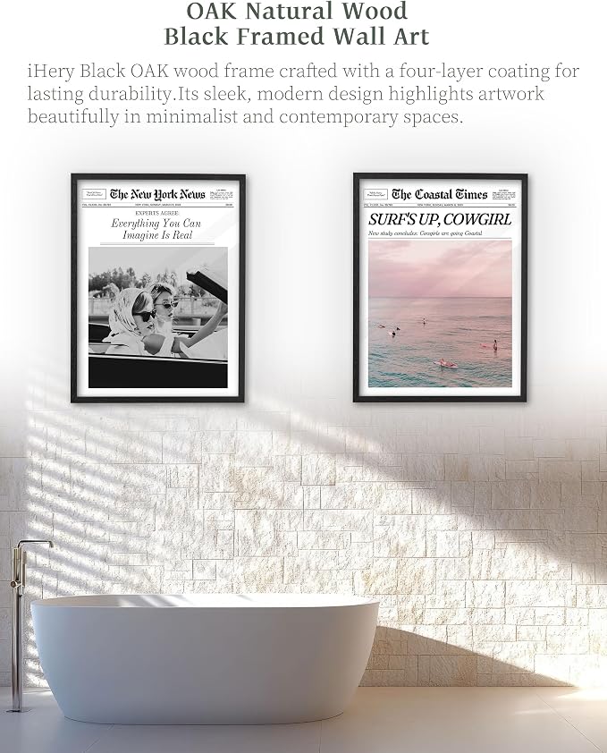 iHery 12x16in Everything You Can Imagine Is Real Framed Newspaper Art | Premium Black Natural OAK Wood Frame with Canvas Print, Vintage Girls Decor for Bedroom, Living Room, Dorm 1Pack