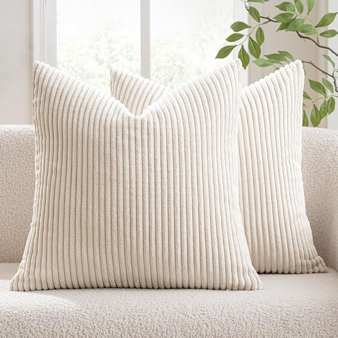 MIULEE Euro Corduroy Throw Pillow Covers Set of 2 24x24 Cream White | Soft Striped Textured Cushion Cases, Boho Square Pillowcases Neutral Home Decor, for Couch Chair Sofa Bed Living Room
