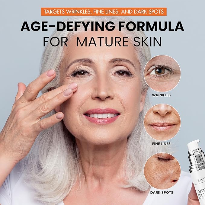 Super Vitamin C Face Serum for Mature Skin: All-In-One Hydrating Anti-Aging Formula - Vitamin C, Hyaluronic Acid, Vitamin E, Caffeine - Face Lift Serum for Wrinkles, Dark Spots - 1.7 fl. oz.