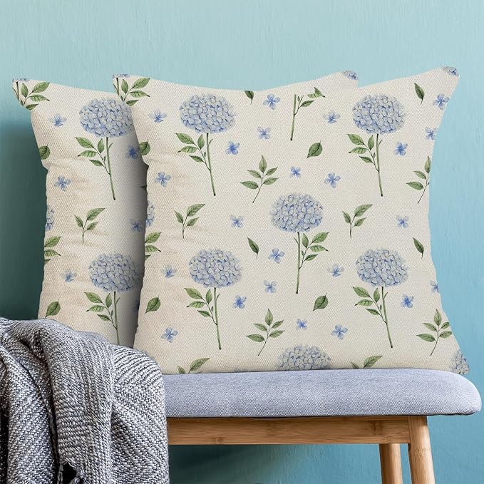 AEIOAE Spring Pillow Covers 18x18 Inch Set of 2, Blue Green Hydrangea Flower Leaves Throw Pillows Case,Floral Summer Outdoor Seasonal Decorative Farmhouse Decor Cushion Covers for Home Sofa Bed Couch