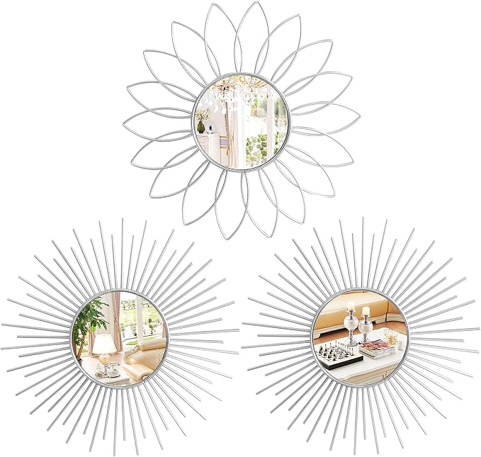 3 Pack Metal Mirrors for Wall Sunburst Wall Mirrors Home Décor Decorative Hanging Wall Art for Living Room Bedroom Entryway (Silver2, Flower+Sunburst)