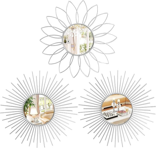 3 Pack Metal Mirrors for Wall Sunburst Wall Mirrors Home Décor Decorative Hanging Wall Art for Living Room Bedroom Entryway (Silver2, Flower+Sunburst)