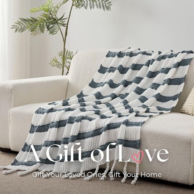 Boho Knitted Chenille Blanket with Tassels - Lightweight & Soft All-Season Throw - 3D Classic Pattern for Living Room Bedroom Couch, Celestial Blue(Striped), Throw 50"x60"