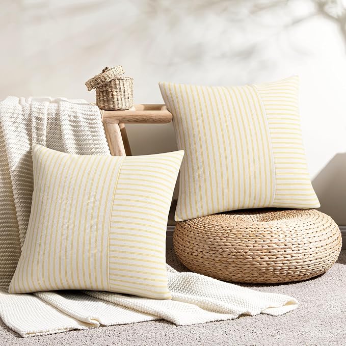 Farmhouse Euro Sham Pillow Covers 24x24, Modern Throw Pillow Covers Set of 2, Yellow and Beige Striped Patchwork Linen Decorative Pillows Cushion Covers for Bed Sofa Couch Living Room Home Decor