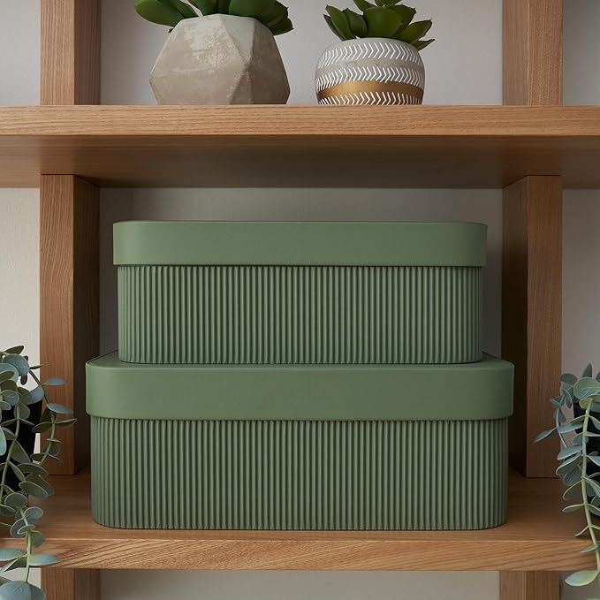 ZICOTO Decorative Storage Boxes with Lids - Set of 2 Beautiful Fluted Photo Organizer Bins for Your Home Bookshelf Decor to Safely Store Your Documents, Memory Box Items and Other Keepsakes in Style