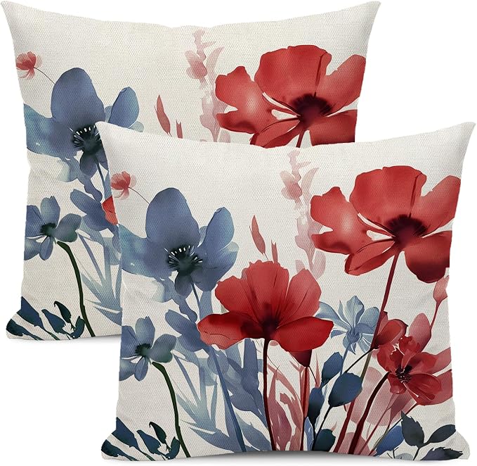Floral Pillow Covers 16x16 Inches Set of 2 Independence Day Blue Red Floral Throw Pillow Covers Outdoor Rustic Spring Summer Flower Pillowcase Farmhouse Decorative Cushion Cover for Home Sofa