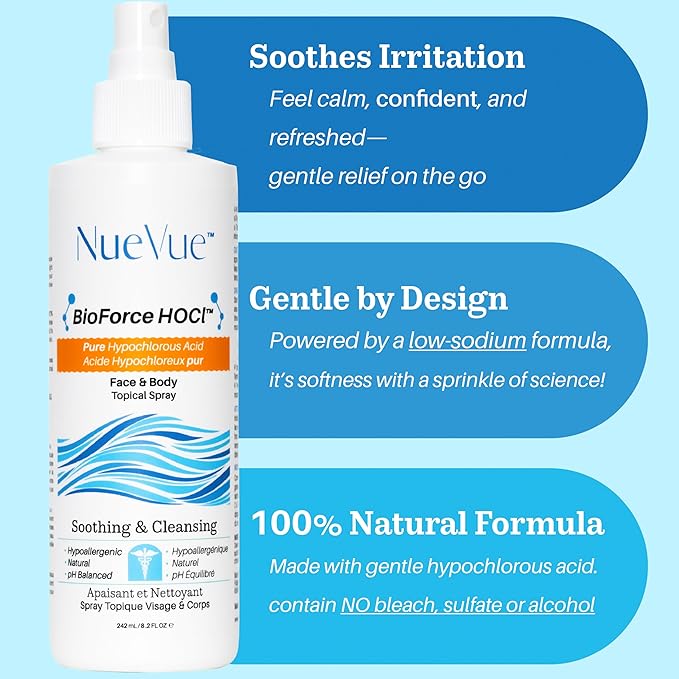 BioForce Pure Hypochlorous Acid Spray for Face & Body - Made in Canada - Gentle Skin Cleanser & Toner, Acne-Prone Skin, Eczema, Piercing aftercare, pH Balanced, Alcohol-Free, NueVue (2-Pack x 8.2oz)