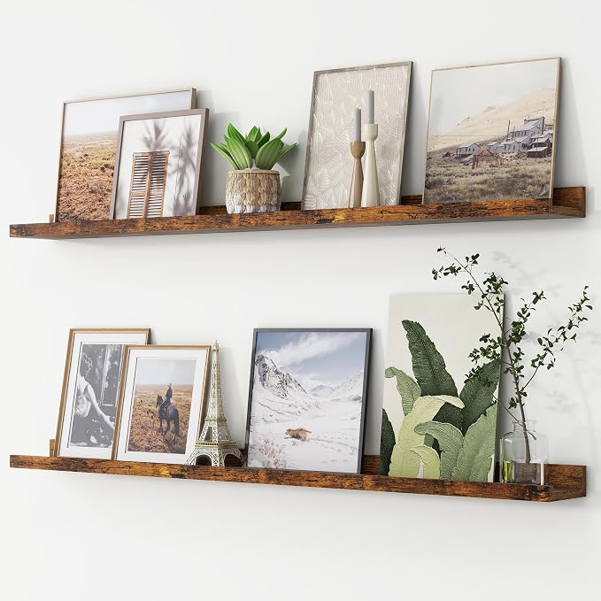 Picture Ledge Shelf, Floating Shelves for Wall, 48" W Set of 2, Brown | FSC Certified Engineered Wood, Wall Mounted Bookshelf, for Nursery Living Room Bedroom, Pre-Drilled, Easy Install