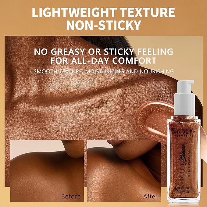 Shimmer Body Oil with Vitamin E, Body Glow Oil for Women, Long Lasting Waterproof & Moisturize for All Skin, Liquid Highlighter Makeup with Brush, Travel Size for Date, Wedding, Party, Bronze Gold