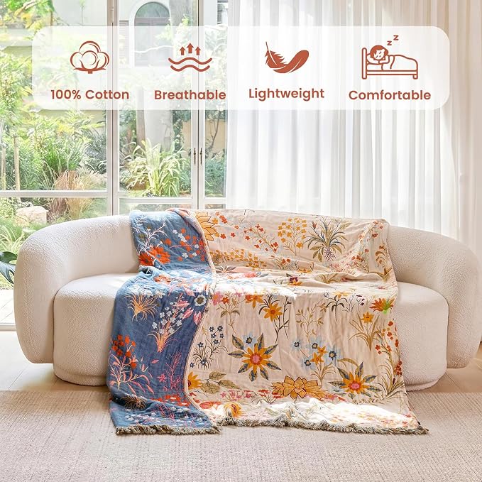 MSGKV Boho Throw Blanket 50"x60" 100% Cotton Floral Chair Blanket for Couch | 100 Cotton Throw, Floral Garden Design, Muslin Blanket, Summer Breathable, Farmhouse Home Decor, All Season, Machine Washable