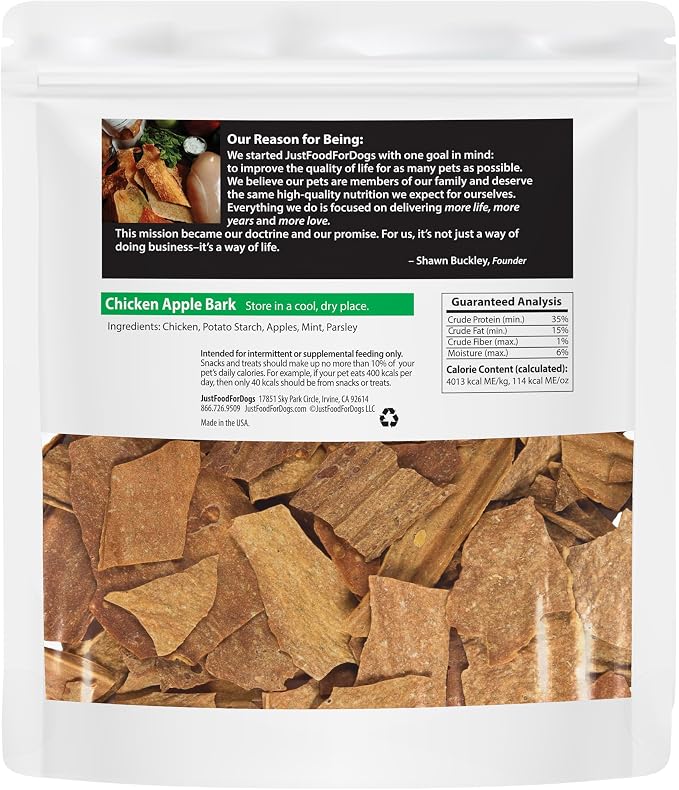 JustFoodForDogs Limited Ingredient Healthy Dog Treats and Dog Snacks, Jerky Treats, Human Grade, Preservative Free, Rawhide Free Chews, Low Calorie Treat - Chicken Apple Bark, 5 oz | Human Grade Chicken Treats for Dogs, Jerky Dog Snacks, Preservative &...