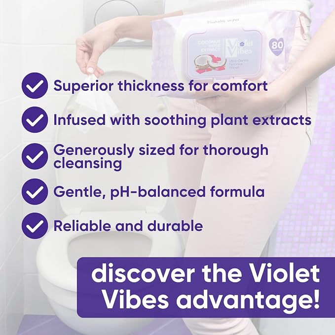 Violet Vibes Flushable Wipes for Women - Coconut Rose, 400 Count, Plant Based, Gentle on Sensitive Skin