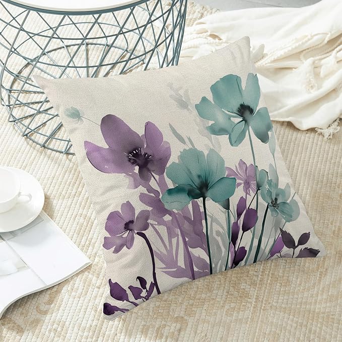 Spring Floral Pillow Covers 18x18 Inches Set of 2 Purple Teal Floral Throw Pillow Cover Outdoor Summer Flower Decoration Pillowcase Farmhouse Decorative Linen Cushion Cover For Home Couch Sofa