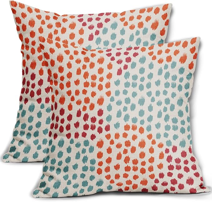 Blue Orange Red Pillow Covers 18x18 Set of 2 Fall Colored Art Dot Decorative Throw Pillows Trendy Print Outdoor Pillowcase Holiday Seasonal Cushion Cover Linen Pillow Case Decor for Sofa Couch Bed