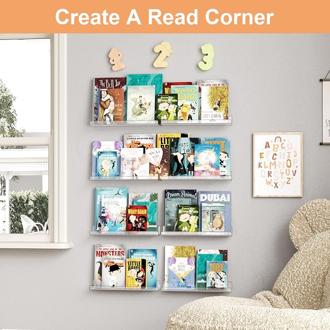 upsimples 14 Pcs 15" Acrylic Shelves for Wall Display and Storage, Clear | Transparent Design Highlights Skincare, Perfume, Easy-to-Find Versatile Floating Shelves for Bathroom, Bedroom and Playroom