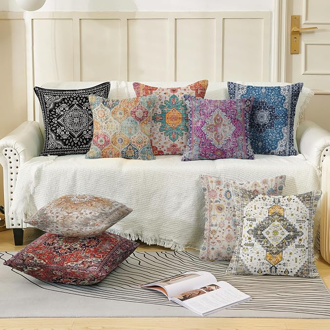 Boho Throw Pillow Covers 24x24 inch Set of 2,Soft Pillowcases Bohemia Carpet Printing Pattern Decorative Sofa Living Room Bed Square Pillow Case Cushion Cover-Red