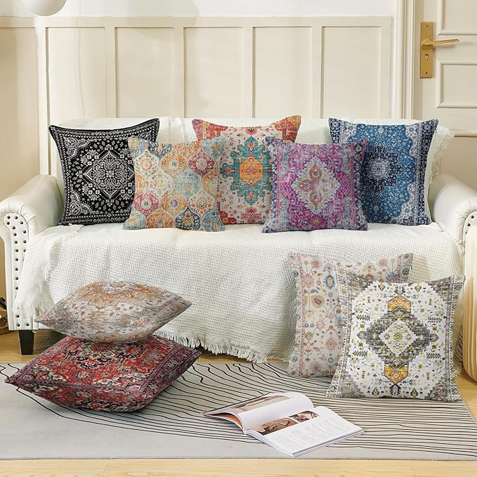 Boho Throw Pillow Covers 26x26 inch Set of 2,Soft Pillowcases Bohemia Carpet Printing Pattern Decorative Sofa Living Room Bed Square Pillow Case Cushion Cover-Red