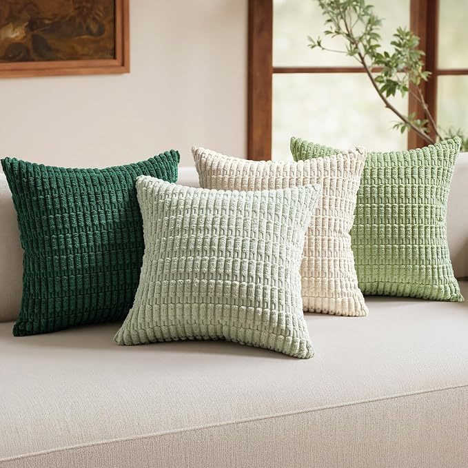 MIULEE Pack of 4 Summer Neutral Corduroy Decorative Throw Pillow Covers 20x20 Inch Farmhouse Boho Rustic Soft Striped Pillow Covers Home Decor for Sofa Living Room Couch Bed Green | Neutral Rustic Farmhouse Boho Soft Striped Pillow Covers,Home Decor fo...
