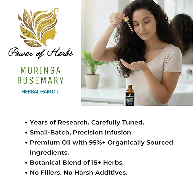 Moringa Rosemary Ayurvedic Herbal Hair Oil with Pumpkin Seed, Amla & 15+ Herbs - Made in USA with Organic Ingredients, Supports Thicker, Shinier Hair Growth for All Types, 2 oz